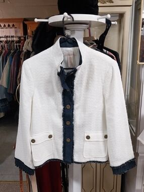c.l.o.t.h.e.s. White Shimmer Jacket with Navy Denim Trim - Women